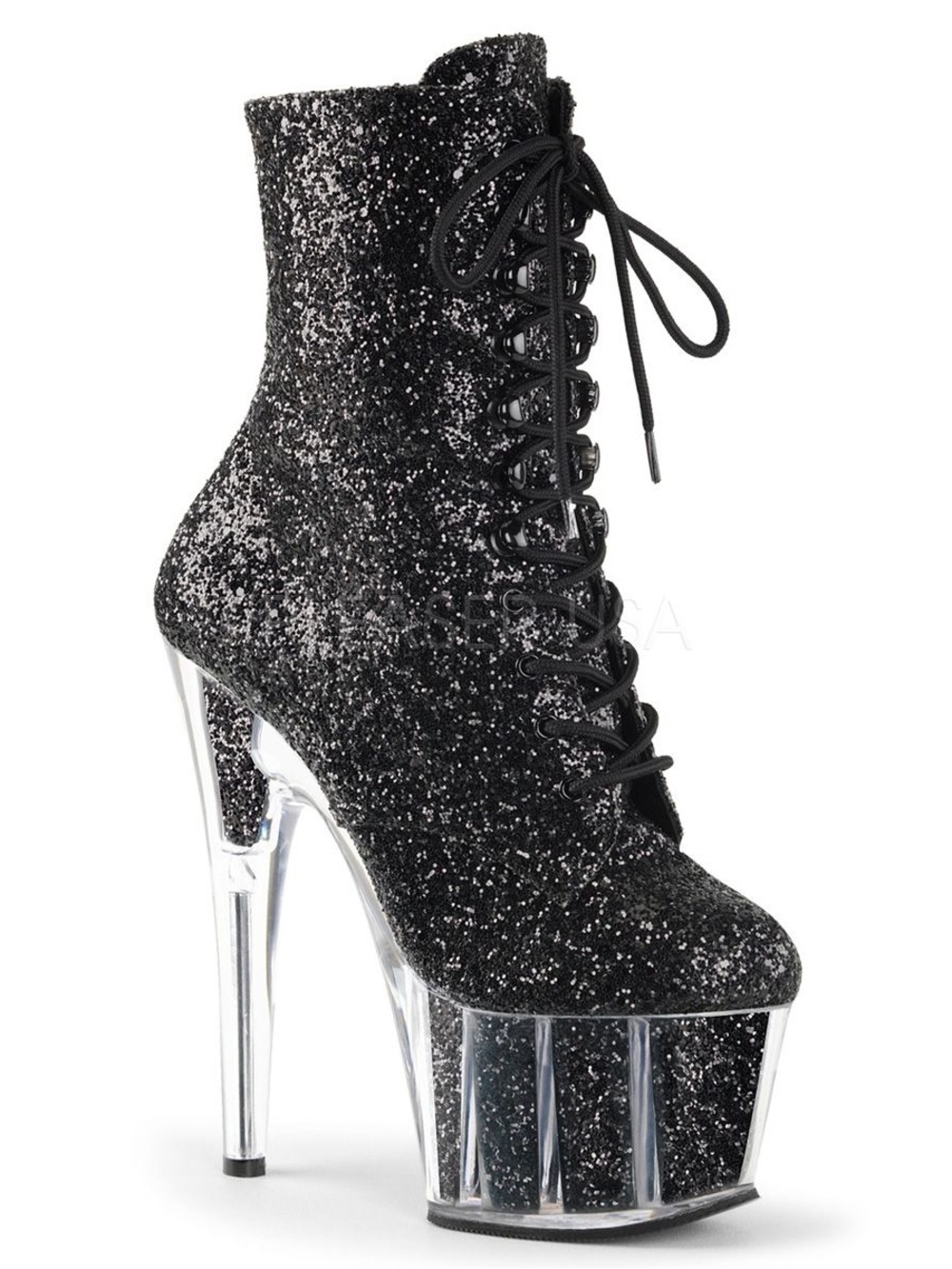 Pleaser Black Glitter Lace-Up Clear Platform Ankle Boots